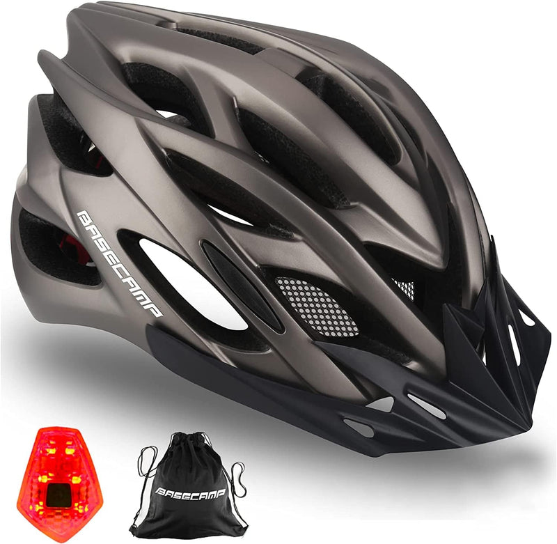 Bike Helmet, Basecamp Bicycle Helmet with LED Rear Light Removable Sun Visor Portable Backpack Lightweight Breathable Cycling Helmet Adjustable Size for Adult Men Women Mountain & Road (BC-10) Sporting Goods > Outdoor Recreation > Cycling > Cycling Apparel & Accessories > Bicycle Helmets Basecamp Titanium  