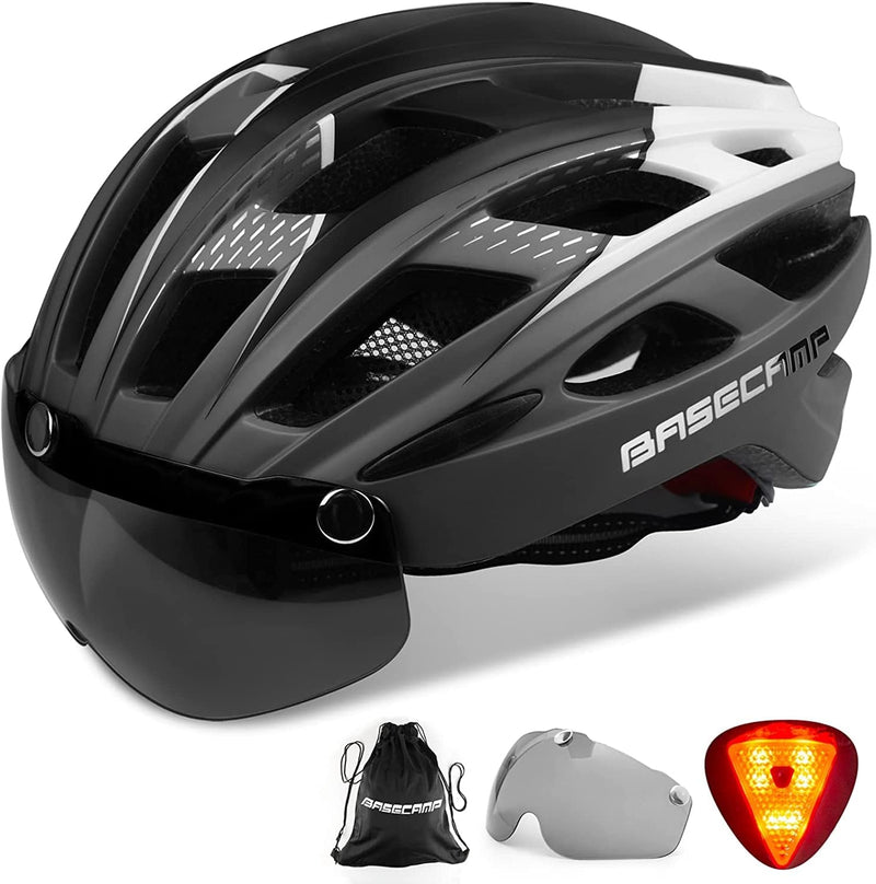 Bike Helmet, Basecamp Bicycle Helmet with Rear Light & Detachable Magnetic Goggles & Portable Backpack Lightweight Cycling Helmet Adjustable for Adult Men Women Mountain & Road (BC-069) Sporting Goods > Outdoor Recreation > Cycling > Cycling Apparel & Accessories > Bicycle Helmets Basecamp Titanium  