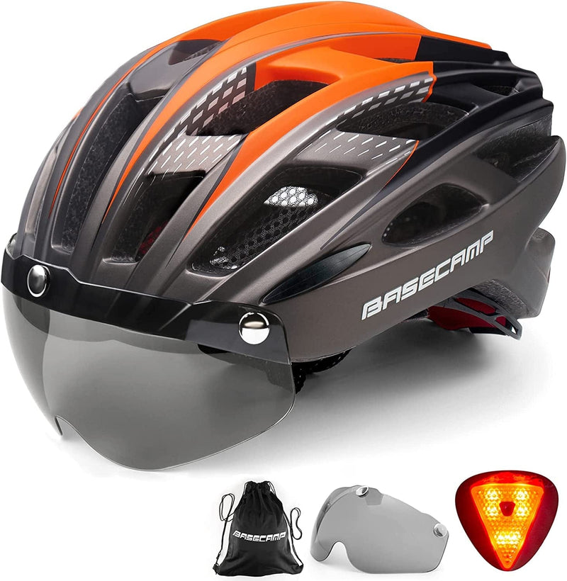 Bike Helmet, Basecamp Bicycle Helmet with Rear Light & Detachable Magnetic Goggles & Portable Backpack Lightweight Cycling Helmet Adjustable for Adult Men Women Mountain & Road (BC-069) Sporting Goods > Outdoor Recreation > Cycling > Cycling Apparel & Accessories > Bicycle Helmets Basecamp Orange  