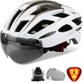 Bike Helmet, Basecamp Bicycle Helmet with Rear Light & Detachable Magnetic Goggles & Portable Backpack Lightweight Cycling Helmet Adjustable for Adult Men Women Mountain & Road (BC-069) Sporting Goods > Outdoor Recreation > Cycling > Cycling Apparel & Accessories > Bicycle Helmets Basecamp White  