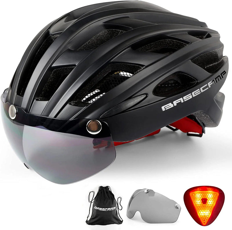 Bike Helmet, Basecamp Bicycle Helmet with Rear Light & Detachable Magnetic Goggles & Portable Backpack Lightweight Cycling Helmet Adjustable for Adult Men Women Mountain & Road (BC-069) Sporting Goods > Outdoor Recreation > Cycling > Cycling Apparel & Accessories > Bicycle Helmets Basecamp All Black  