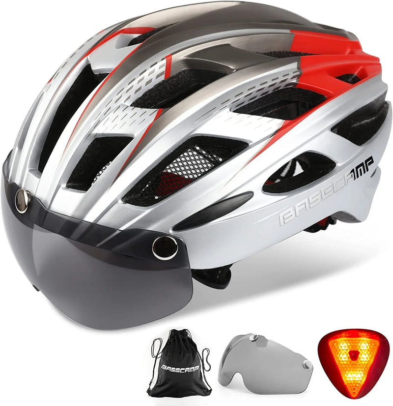 Bike Helmet, Basecamp Bicycle Helmet with Rear Light & Detachable Magnetic Goggles & Portable Backpack Lightweight Cycling Helmet Adjustable for Adult Men Women Mountain & Road (BC-069) Sporting Goods > Outdoor Recreation > Cycling > Cycling Apparel & Accessories > Bicycle Helmets Basecamp WhiteRed  