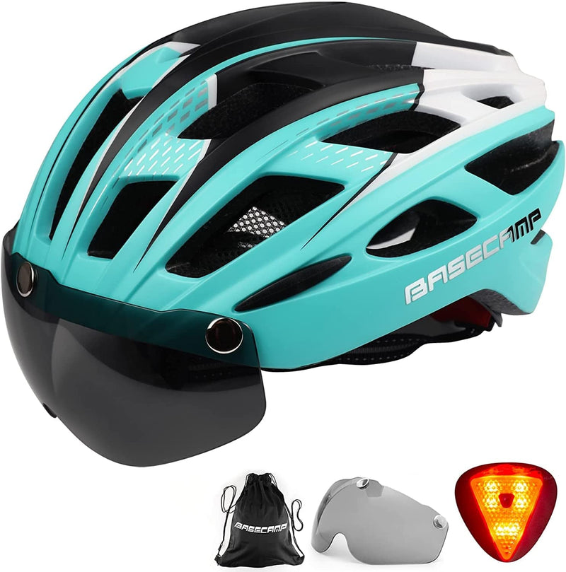 Bike Helmet, Basecamp Bicycle Helmet with Rear Light & Detachable Magnetic Goggles & Portable Backpack Lightweight Cycling Helmet Adjustable for Adult Men Women Mountain & Road (BC-069) Sporting Goods > Outdoor Recreation > Cycling > Cycling Apparel & Accessories > Bicycle Helmets Basecamp LightBlue  