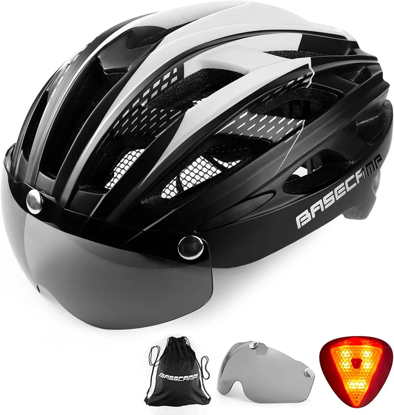 Bike Helmet, Basecamp Bicycle Helmet with Rear Light & Detachable Magnetic Goggles & Portable Backpack Lightweight Cycling Helmet Adjustable for Adult Men Women Mountain & Road (BC-069) Sporting Goods > Outdoor Recreation > Cycling > Cycling Apparel & Accessories > Bicycle Helmets Basecamp BlackWhite  