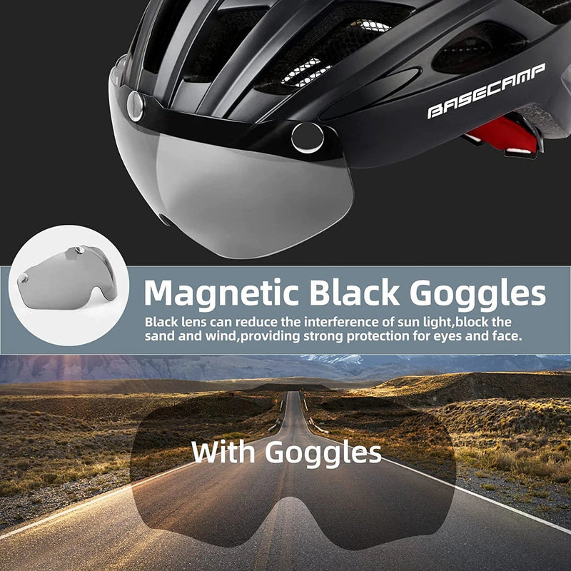 Bike Helmet, Basecamp Bicycle Helmet with Rear Light & Detachable Magnetic Goggles & Portable Backpack Lightweight Cycling Helmet Adjustable for Adult Men Women Mountain & Road (BC-069) Sporting Goods > Outdoor Recreation > Cycling > Cycling Apparel & Accessories > Bicycle Helmets Basecamp   