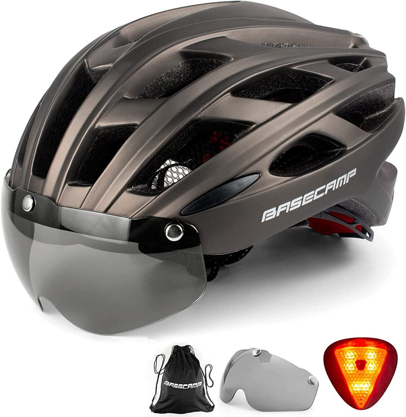 Bike Helmet, Basecamp Bicycle Helmet with Rear Light & Detachable Magnetic Goggles & Portable Backpack Lightweight Cycling Helmet Adjustable for Adult Men Women Mountain & Road (BC-069) Sporting Goods > Outdoor Recreation > Cycling > Cycling Apparel & Accessories > Bicycle Helmets Basecamp All Titanium  