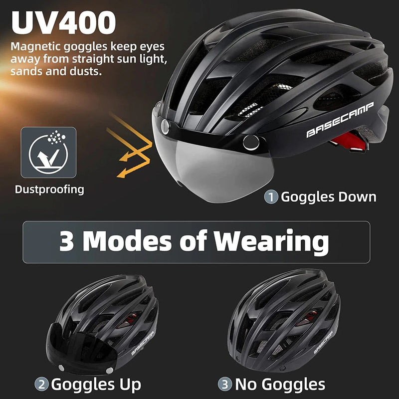 Bike Helmet, Basecamp Bicycle Helmet with Rear Light & Detachable Magnetic Goggles & Portable Backpack Lightweight Cycling Helmet Adjustable for Adult Men Women Mountain & Road (BC-069) Sporting Goods > Outdoor Recreation > Cycling > Cycling Apparel & Accessories > Bicycle Helmets Basecamp   