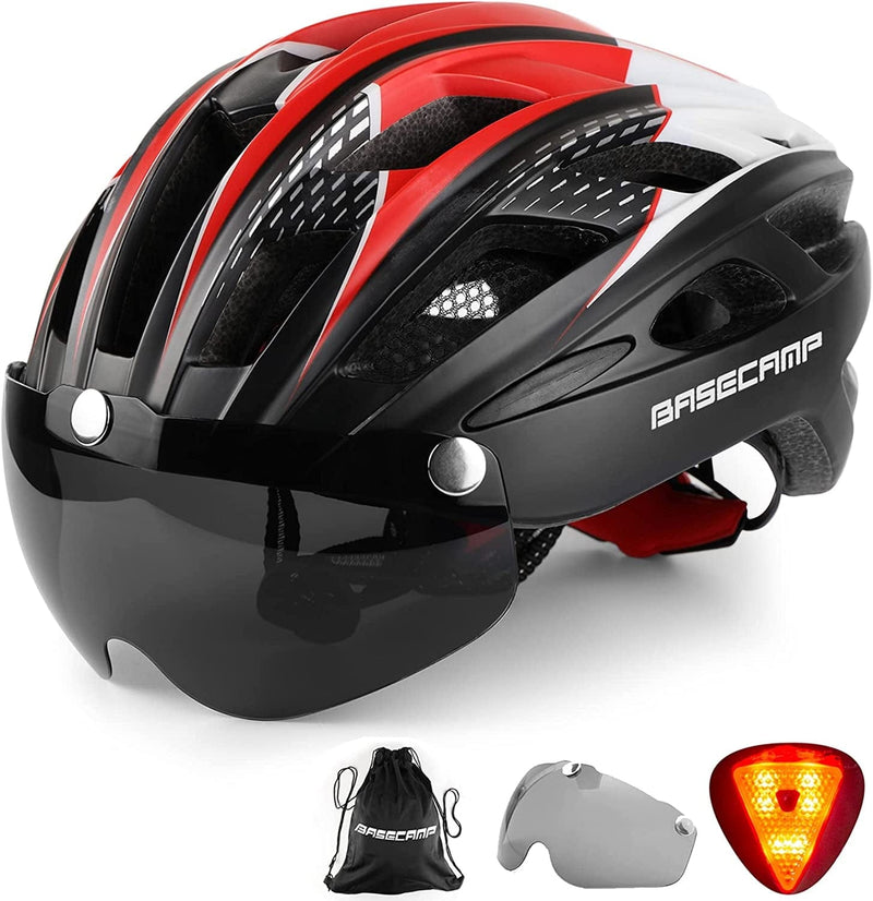 Bike Helmet, Basecamp Bicycle Helmet with Rear Light & Detachable Magnetic Goggles & Portable Backpack Lightweight Cycling Helmet Adjustable for Adult Men Women Mountain & Road (BC-069) Sporting Goods > Outdoor Recreation > Cycling > Cycling Apparel & Accessories > Bicycle Helmets Basecamp BlackRedWhite  
