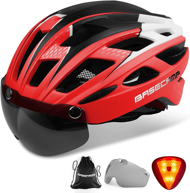 Bike Helmet, Basecamp Bicycle Helmet with Rear Light & Detachable Magnetic Goggles & Portable Backpack Lightweight Cycling Helmet Adjustable for Adult Men Women Mountain & Road (BC-069) Sporting Goods > Outdoor Recreation > Cycling > Cycling Apparel & Accessories > Bicycle Helmets Basecamp RedBlackWhite  