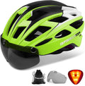Bike Helmet, Basecamp Bicycle Helmet with Rear Light & Detachable Magnetic Goggles & Portable Backpack Lightweight Cycling Helmet Adjustable for Adult Men Women Mountain & Road (BC-069) Sporting Goods > Outdoor Recreation > Cycling > Cycling Apparel & Accessories > Bicycle Helmets Basecamp FluorescentGreen  