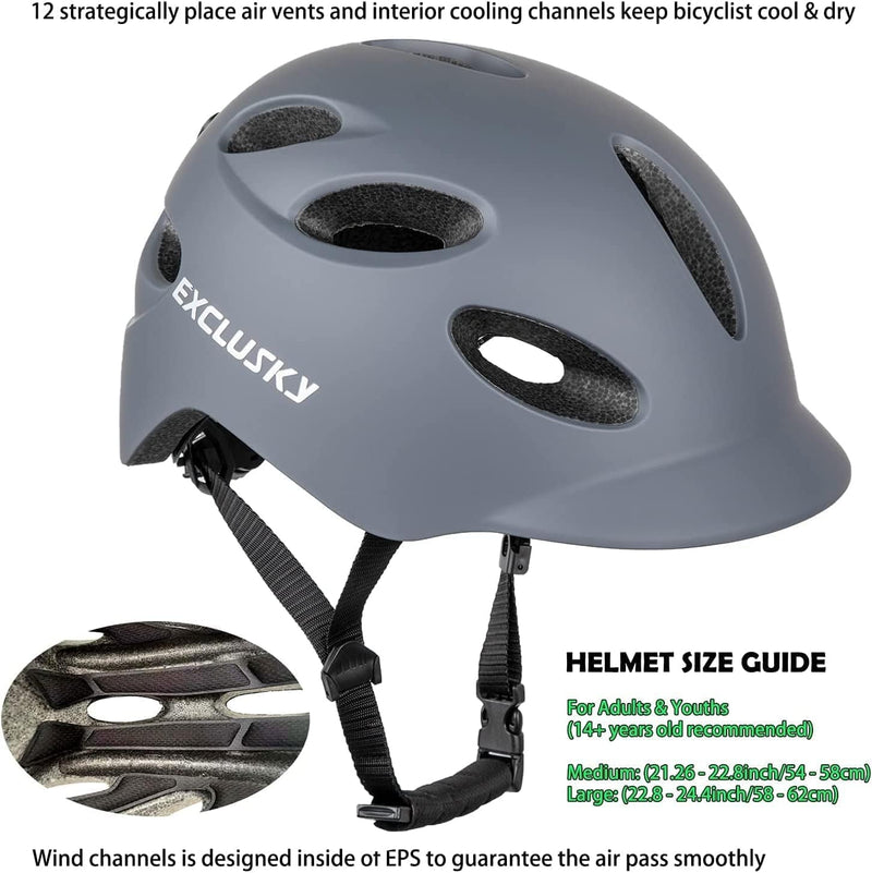 Bike Helmet, Exclusky Urban Bicycle Commuter Men with USB Rechargeable Lights, Adult Cycle Helmet Women,Features 12 Cool Vents