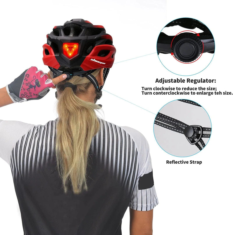 Bike Helmet, Shinmax Bicycle Helmet Men Women with LED Light Detachable Sun Visor Portable Backpack Quick Release Strap Lightweight Cycling Helmet Adjustable Size for Adult Mountain Road (BC-037)