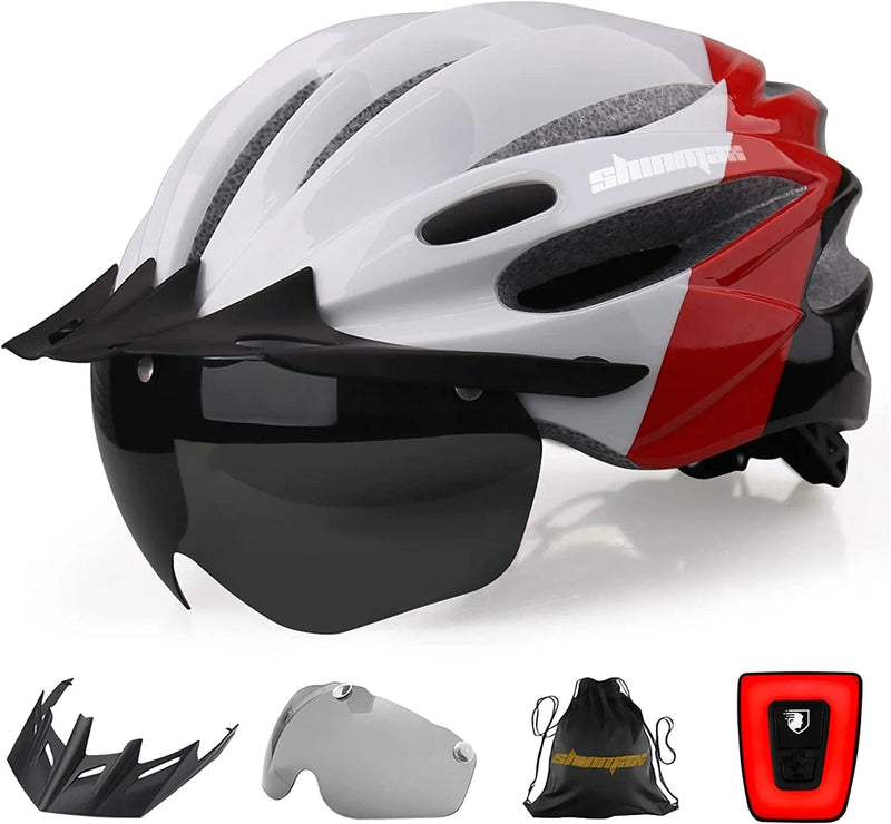 Bike Helmet, Shinmax Bicycle Helmet with USB Charging Light&Detachable Magnetic Goggles&Removable Sun Visor&Portable Bag Adjustable Cycling Helmet Sporting Goods > Outdoor Recreation > Cycling > Cycling Apparel & Accessories > Bicycle Helmets Shinmax Black Red White  