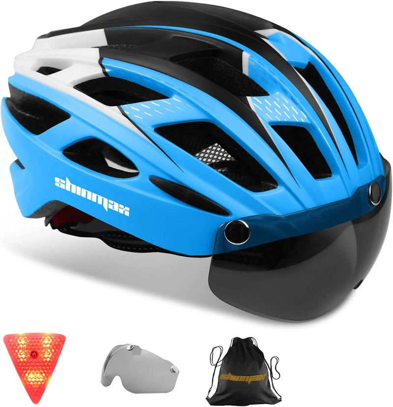 Bike Helmet,Shinmax CPSC/CPC Certificated Bicycle Helmet with Detachable Magnetic Goggles&Led Back Light&Portable Backpack Cycling Helmet Adjustable Mountain Bike Helmet for Adult Men Women SM-T69 Sporting Goods > Outdoor Recreation > Cycling > Cycling Apparel & Accessories > Bicycle Helmets Shinmax Blue black white  