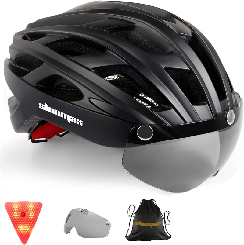 Bike Helmet,Shinmax CPSC/CPC Certificated Bicycle Helmet with Detachable Magnetic Goggles&Led Back Light&Portable Backpack Cycling Helmet Adjustable Mountain Bike Helmet for Adult Men Women SM-T69 Sporting Goods > Outdoor Recreation > Cycling > Cycling Apparel & Accessories > Bicycle Helmets Shinmax black  