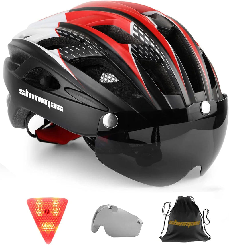 Bike Helmet,Shinmax CPSC/CPC Certificated Bicycle Helmet with Detachable Magnetic Goggles&Led Back Light&Portable Backpack Cycling Helmet Adjustable Mountain Bike Helmet for Adult Men Women SM-T69 Sporting Goods > Outdoor Recreation > Cycling > Cycling Apparel & Accessories > Bicycle Helmets Shinmax Black red white  