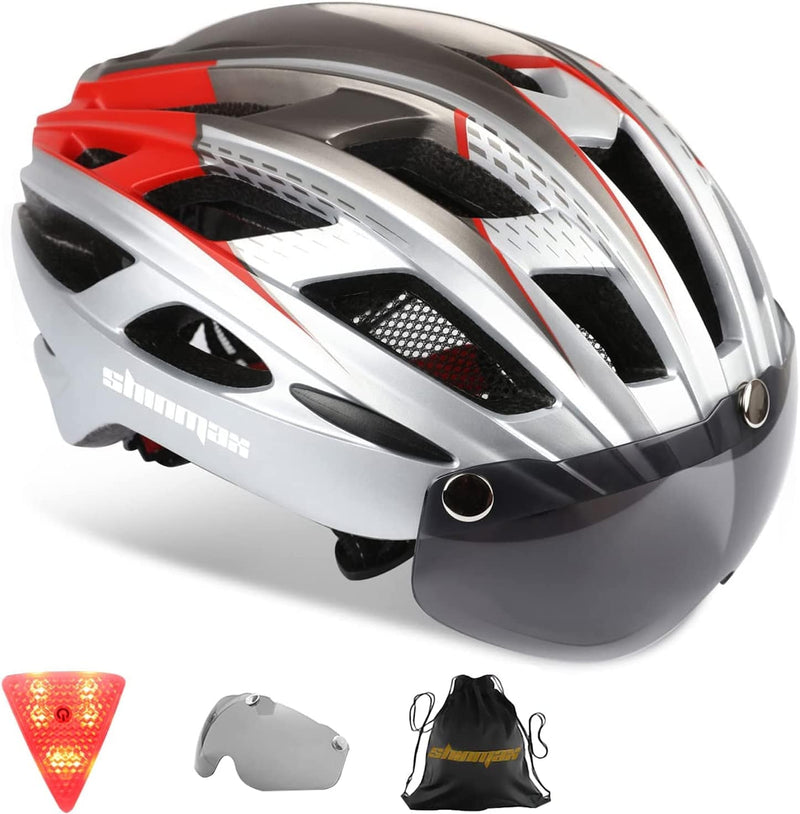Bike Helmet,Shinmax CPSC/CPC Certificated Bicycle Helmet with Detachable Magnetic Goggles&Led Back Light&Portable Backpack Cycling Helmet Adjustable Mountain Bike Helmet for Adult Men Women SM-T69