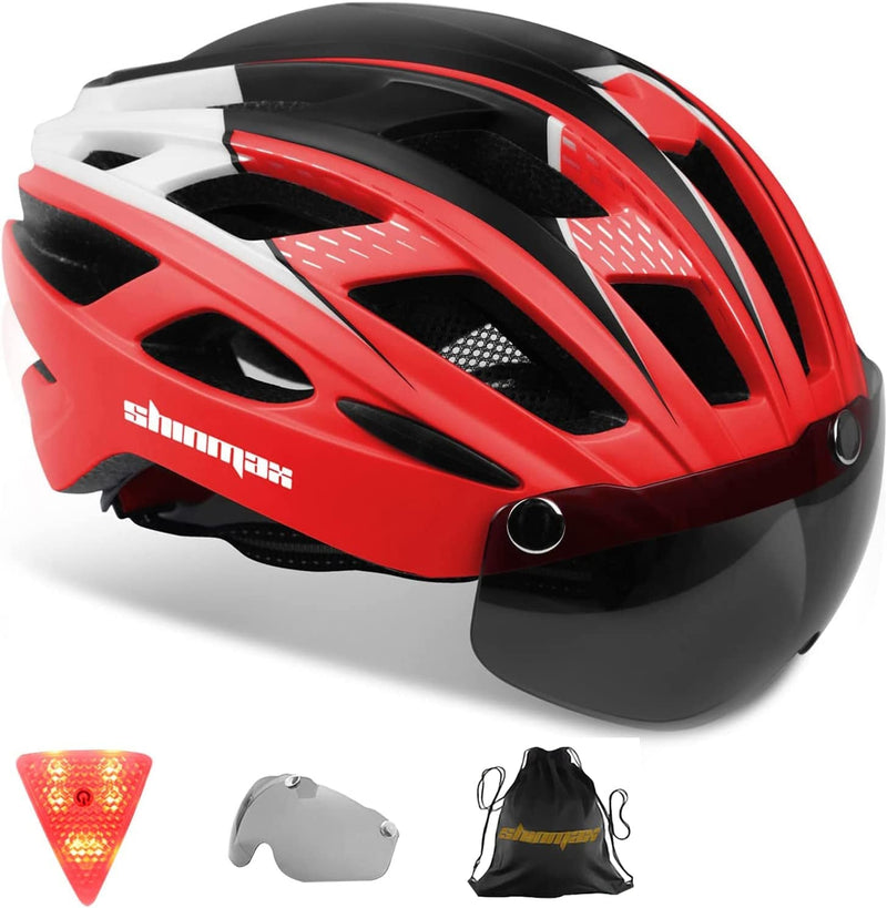 Bike Helmet,Shinmax CPSC/CPC Certificated Bicycle Helmet with Detachable Magnetic Goggles&Led Back Light&Portable Backpack Cycling Helmet Adjustable Mountain Bike Helmet for Adult Men Women SM-T69 Sporting Goods > Outdoor Recreation > Cycling > Cycling Apparel & Accessories > Bicycle Helmets Shinmax Red black and white  