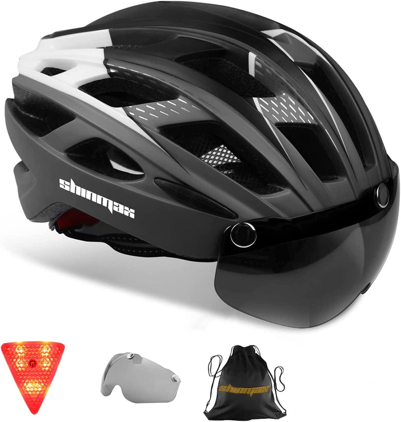 Bike Helmet,Shinmax CPSC/CPC Certificated Bicycle Helmet with Detachable Magnetic Goggles&Led Back Light&Portable Backpack Cycling Helmet Adjustable Mountain Bike Helmet for Adult Men Women SM-T69 Sporting Goods > Outdoor Recreation > Cycling > Cycling Apparel & Accessories > Bicycle Helmets Shinmax Titanium black white  