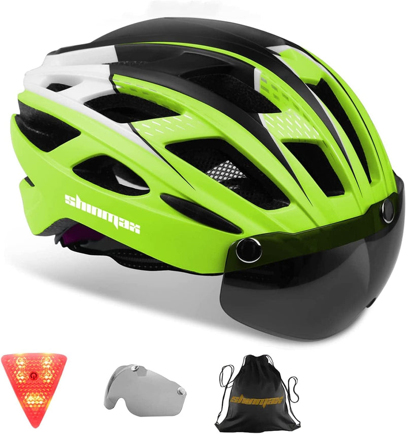 Bike Helmet,Shinmax CPSC/CPC Certificated Bicycle Helmet with Detachable Magnetic Goggles&Led Back Light&Portable Backpack Cycling Helmet Adjustable Mountain Bike Helmet for Adult Men Women SM-T69 Sporting Goods > Outdoor Recreation > Cycling > Cycling Apparel & Accessories > Bicycle Helmets Shinmax Fluorescent green  