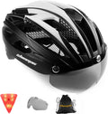Bike Helmet,Shinmax CPSC/CPC Certificated Bicycle Helmet with Detachable Magnetic Goggles&Led Back Light&Portable Backpack Cycling Helmet Adjustable Mountain Bike Helmet for Adult Men Women SM-T69 Sporting Goods > Outdoor Recreation > Cycling > Cycling Apparel & Accessories > Bicycle Helmets Shinmax Black and white  