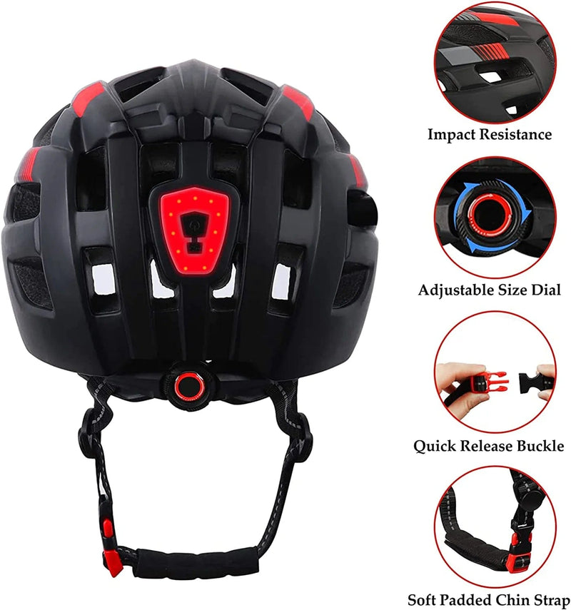 Bike Helmet Sports Safety Cycling Bicycle Helmet for Men Women Cycle Helmet Mountain Biking Helmet with Rechargeable Tail Light 57-62Cm Black