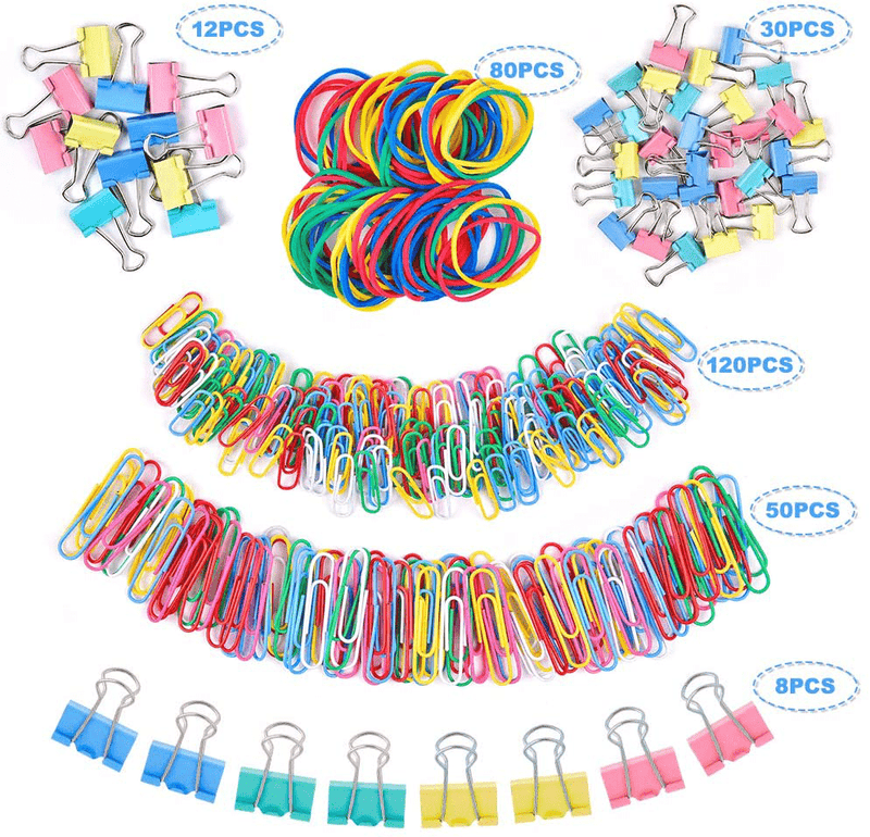 Binder Clips Paper Clips, Sopito 300pcs Colored Office Clips Set with Paper Clamps Paperclips Rubber Bands for Office and School Supplies, Assorted Sizes Office Supplies > General Office Supplies Sopito   