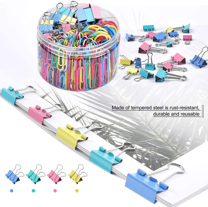 Binder Clips Paper Clips, Sopito 300pcs Colored Office Clips Set with Paper Clamps Paperclips Rubber Bands for Office and School Supplies, Assorted Sizes