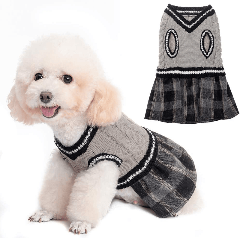 BINGPET Cute Dog Sweater Dress - Warm Pullover Puppy Cat Knit Clothes with Classic Plaid Pattern for Fall Winter Animals & Pet Supplies > Pet Supplies > Cat Supplies > Cat Apparel BINGPET Grey Small 