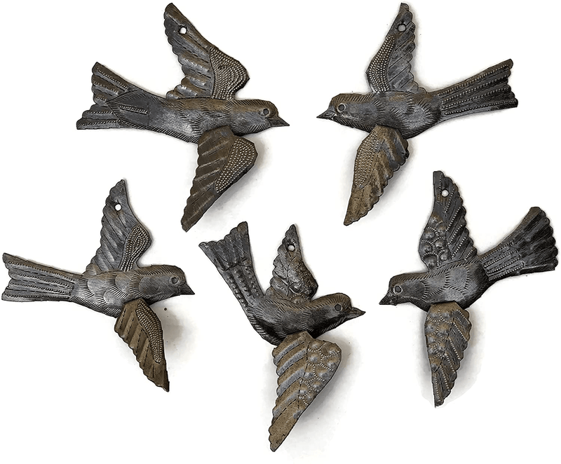 Bird Metal Wall Decor, Set of 5, 3D Wings, Small Hanging Birds, Ornaments, Bird Lovers Collection, Indoor Outdoor Hanging Figurines, Fall Decor Handmade in Haiti 5 x 4.5 inches Home & Garden > Decor > Artwork > Sculptures & Statues It's Cactus Default Title  