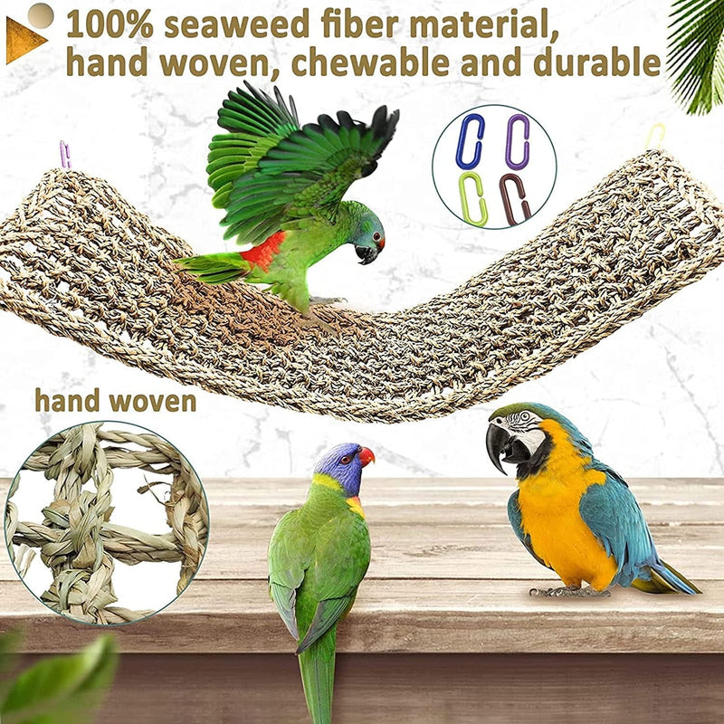 Bird Seagrass Mat,Natural Grass Woven Net Hammock Hanging on Parrot Cage with 4 Hooks,Parakeet Climbing Rope Ladder Chew Toys for Lovebird Cockatiel Conure Budgie,Cockatoo Supplies 28.3" X 6.7" Animals & Pet Supplies > Pet Supplies > Bird Supplies > Bird Cages & Stands BLSMU   