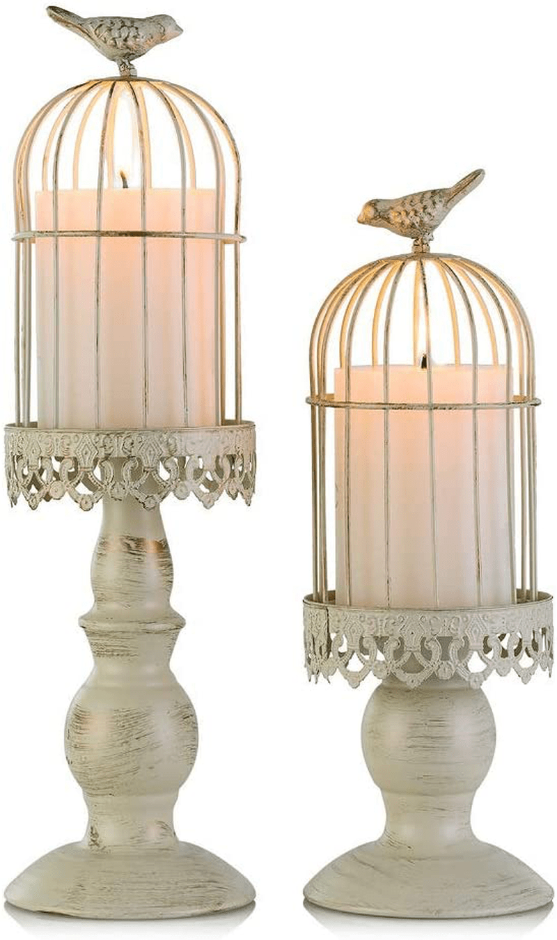 Birdcage Candle Holder Vintage Candlestick Holders, Wedding Candle Centerpieces for Tables, Iron Candleholder Set Home Decor, Distressed Ivory Home & Garden > Decor > Home Fragrance Accessories > Candle Holders Sziqiqi Distressed Ivory  