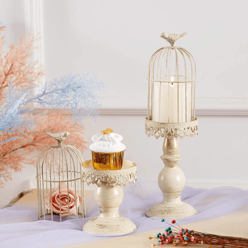 Birdcage Candle Holder Vintage Candlestick Holders, Wedding Candle Centerpieces for Tables, Iron Candleholder Set Home Decor, Distressed Ivory