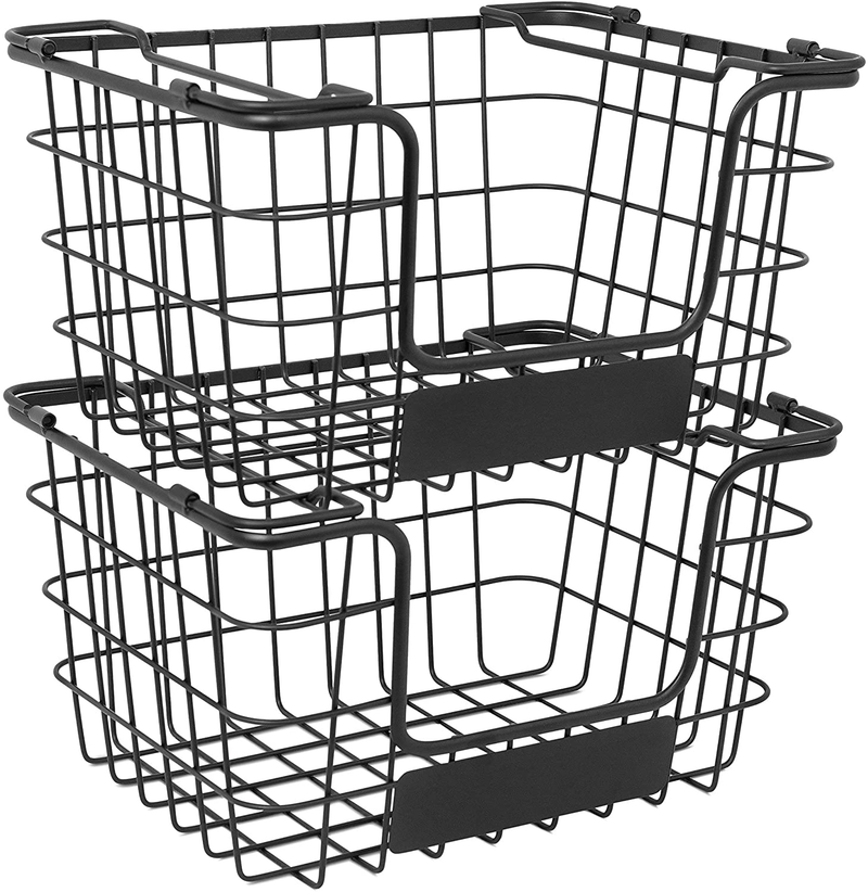 BIRDROCK HOME Stacking Wire Market Baskets with Chalk Label - Set of 2 - Fruit Vegetable Produce Metal Storage Bin for Kitchen Counter - Pantry Cabinet - Bathroom Shelves - Metallic Black