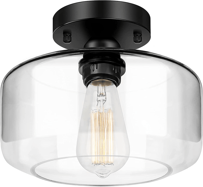 Black Semi Flush Mount Ceiling Light with Clear Glass Shade, Farmhouse Close to Ceiling Lights, Industrial Flush Mount Light Fixture for Bedroom Kitchen Hallway Entryway Porch Corridor, E26 Base Home & Garden > Lighting > Lighting Fixtures > Ceiling Light Fixtures KOL DEALS   