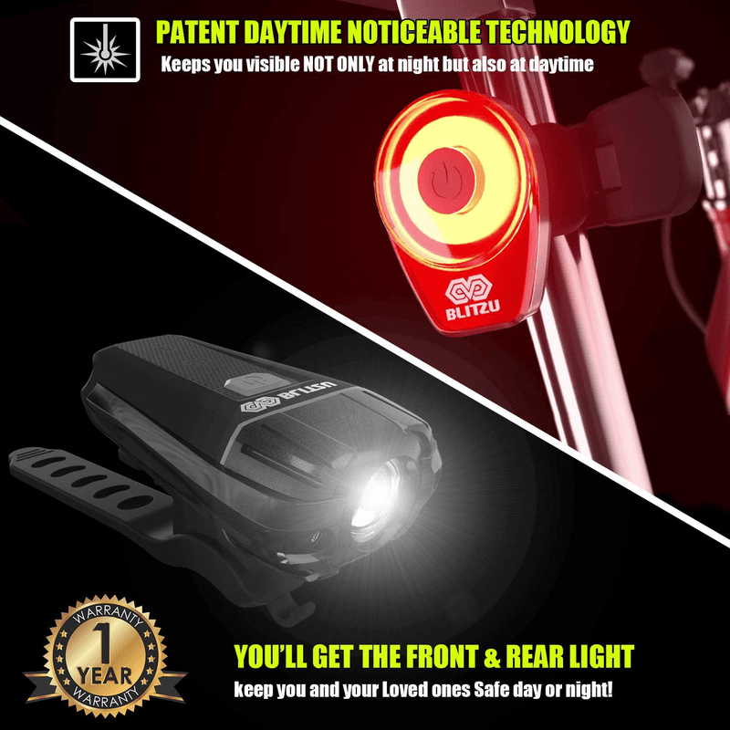 BLITZU Gator 390 USB Rechargeable LED Bike Light Set, Bicycle Headlight Front Light & Free Rear Back Tail Light. Waterproof, Easy to Install for Kids Men Women Road Cycling Safety Commuter Flashlight