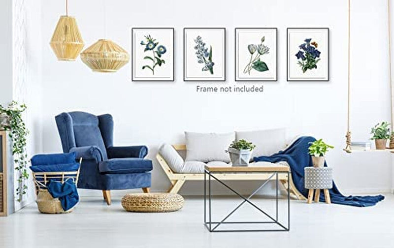 Blue Flower Canvas Wall Art Print, Vintage Floral Botanical Decor Antique Botany Poster, Blue Tone Morning Glory Water Lily Hyacinth Gentian Decorate for Office, Set of 4 ,8 X 10 in Unframed Home & Garden > Decor > Artwork > Posters, Prints, & Visual Artwork heshengzaixian   