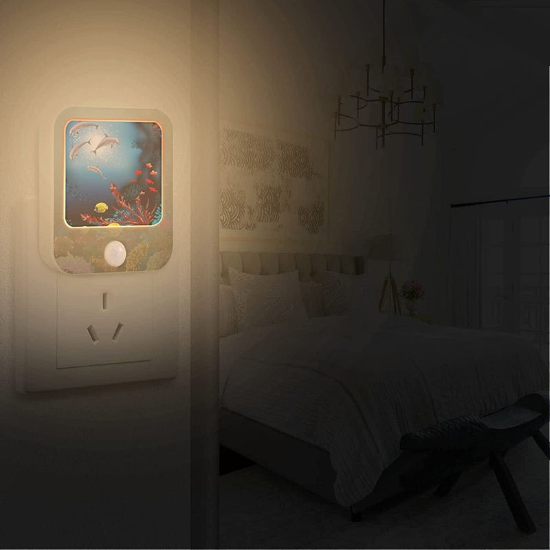 Blueangle LED Night Light, the Underwater World Dolphins Night Lights Plug into Wall with Dusk-To-Dawn Sensor, Automatically Turn on and Off,Night Light for Kids,Bedroom,Bathroom,Stairs,2 Packs（391）