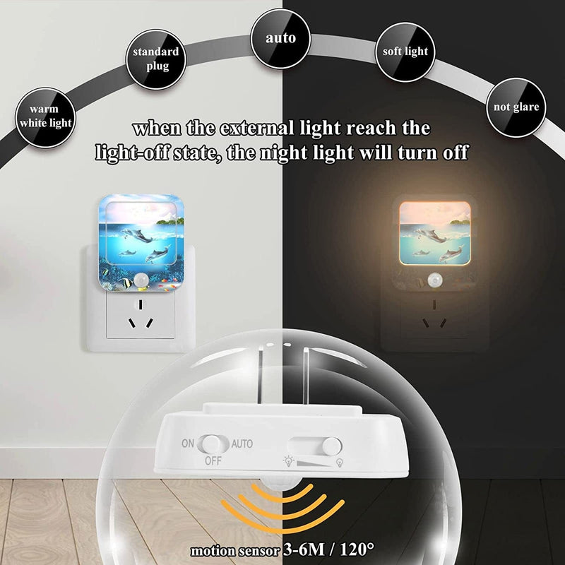 Blueangle LED Night Light, Underwater Dolphins and Plants Night Lights Plug into Wall with Dusk-To-Dawn Sensor, Automatically Turn on and Off,Night Light for Kids,Bedroom,Bathroom,Stairs,2 Packs（397）