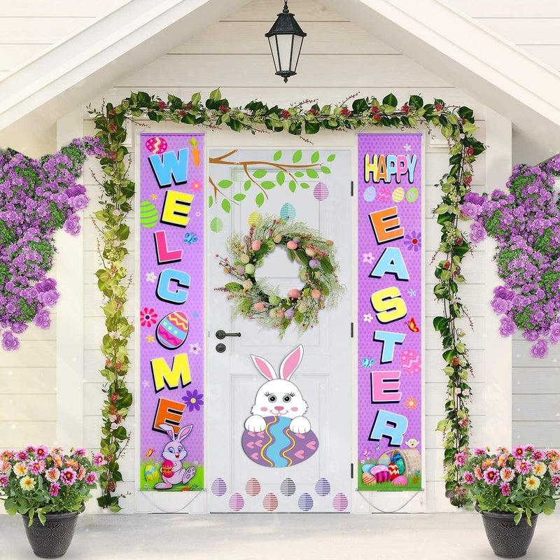 Blulu Easter Decoration Set Easter Porch Sign Welcome Happy Easter Banner Easter Poster Door Hanger for Spring Indoor/Outdoor Easter Door Decoration Party (Purple) Home & Garden > Decor > Seasonal & Holiday Decorations Blulu   