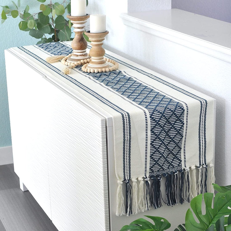 Boho Small Coffee or Dining Table Runner with Tassels 14 X 48 Inches, Blue & Cream | Woven Washable Dresser Scarf for Bedroom | Farmhouse Table Topper Centerpiece Decorations Home & Garden > Decor > Seasonal & Holiday Decorations Oveesha Navy Blue 14 x 48 inches 