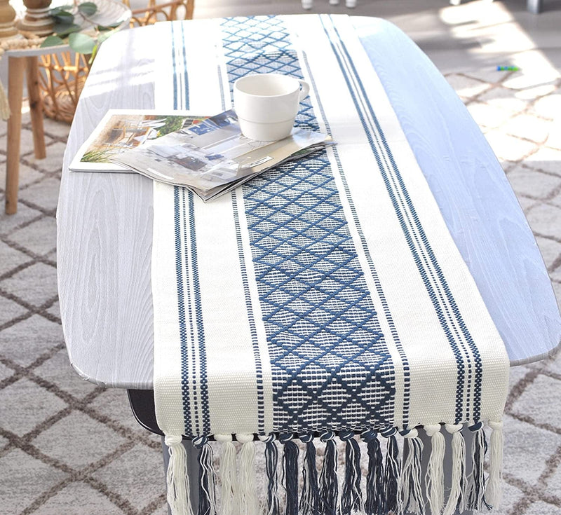 Boho Small Coffee or Dining Table Runner with Tassels 14 X 48 Inches, Blue & Cream | Woven Washable Dresser Scarf for Bedroom | Farmhouse Table Topper Centerpiece Decorations Home & Garden > Decor > Seasonal & Holiday Decorations Oveesha   