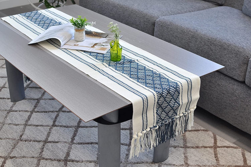 Boho Small Coffee or Dining Table Runner with Tassels 14 X 48 Inches, Blue & Cream | Woven Washable Dresser Scarf for Bedroom | Farmhouse Table Topper Centerpiece Decorations Home & Garden > Decor > Seasonal & Holiday Decorations Oveesha   