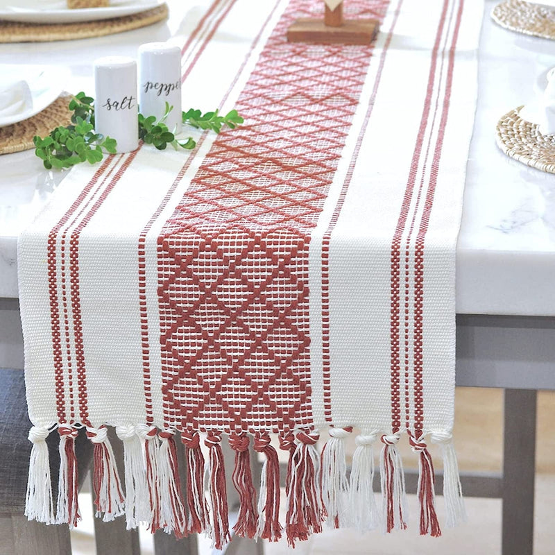 Boho Small Coffee or Dining Table Runner with Tassels 14 X 48 Inches, Blue & Cream | Woven Washable Dresser Scarf for Bedroom | Farmhouse Table Topper Centerpiece Decorations Home & Garden > Decor > Seasonal & Holiday Decorations Oveesha Rust Brown 14 x 72 Inches 