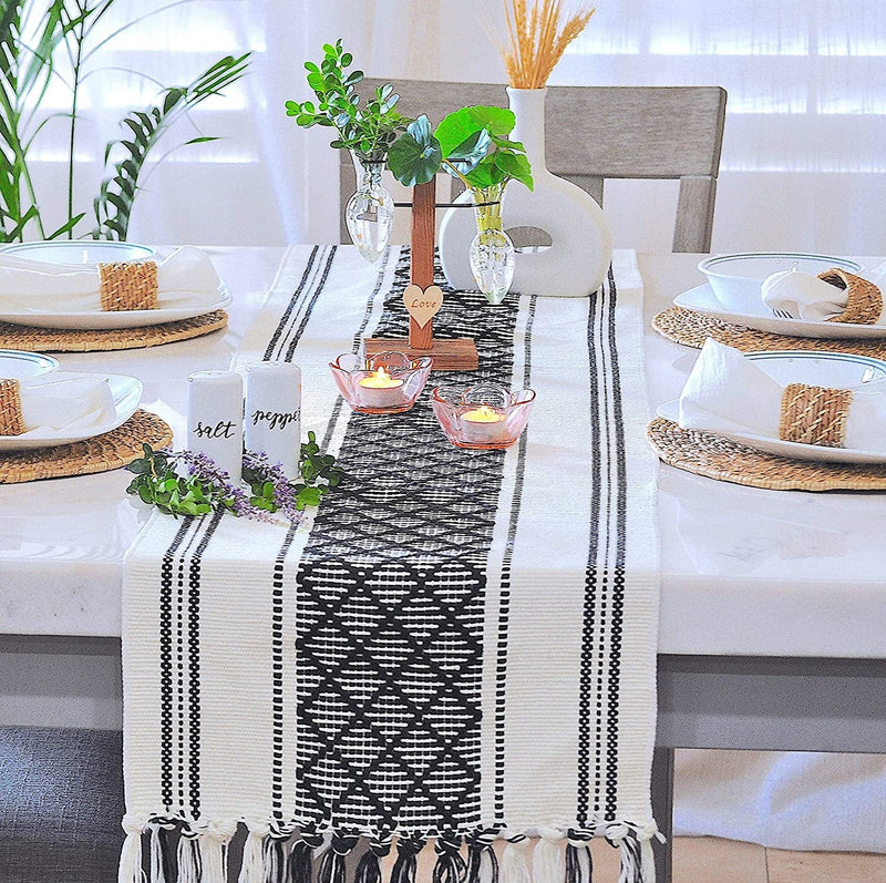 Boho Small Coffee or Dining Table Runner with Tassels 14 X 48 Inches, Blue & Cream | Woven Washable Dresser Scarf for Bedroom | Farmhouse Table Topper Centerpiece Decorations Home & Garden > Decor > Seasonal & Holiday Decorations Oveesha Black 14 x 90 Inches 