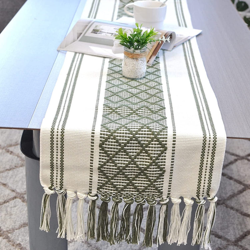 Boho Small Coffee or Dining Table Runner with Tassels 14 X 48 Inches, Blue & Cream | Woven Washable Dresser Scarf for Bedroom | Farmhouse Table Topper Centerpiece Decorations Home & Garden > Decor > Seasonal & Holiday Decorations Oveesha Olive Green 14 x 48 inches 