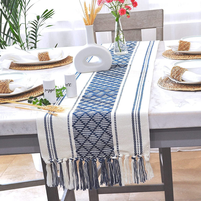 Boho Small Coffee or Dining Table Runner with Tassels 14 X 48 Inches, Blue & Cream | Woven Washable Dresser Scarf for Bedroom | Farmhouse Table Topper Centerpiece Decorations Home & Garden > Decor > Seasonal & Holiday Decorations Oveesha Navy Blue 14 x 72 Inches 