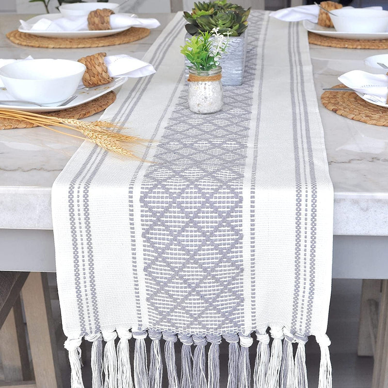 Boho Small Coffee or Dining Table Runner with Tassels 14 X 48 Inches, Blue & Cream | Woven Washable Dresser Scarf for Bedroom | Farmhouse Table Topper Centerpiece Decorations Home & Garden > Decor > Seasonal & Holiday Decorations Oveesha Grey 14 x 90 Inches 