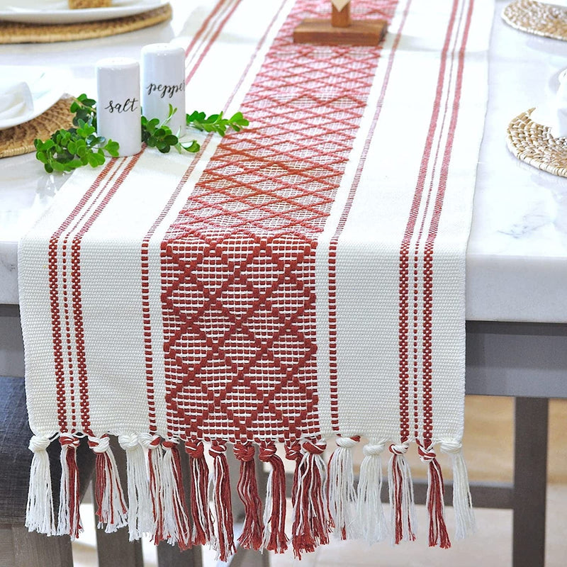 Boho Small Coffee or Dining Table Runner with Tassels 14 X 48 Inches, Blue & Cream | Woven Washable Dresser Scarf for Bedroom | Farmhouse Table Topper Centerpiece Decorations Home & Garden > Decor > Seasonal & Holiday Decorations Oveesha Rust Brown 14 x 90 Inches 