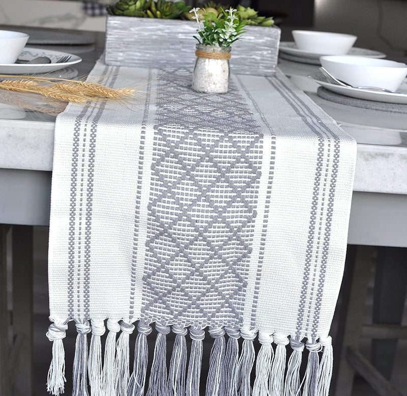 Boho Small Coffee or Dining Table Runner with Tassels 14 X 48 Inches, Blue & Cream | Woven Washable Dresser Scarf for Bedroom | Farmhouse Table Topper Centerpiece Decorations Home & Garden > Decor > Seasonal & Holiday Decorations Oveesha Grey 14 x 72 Inches 